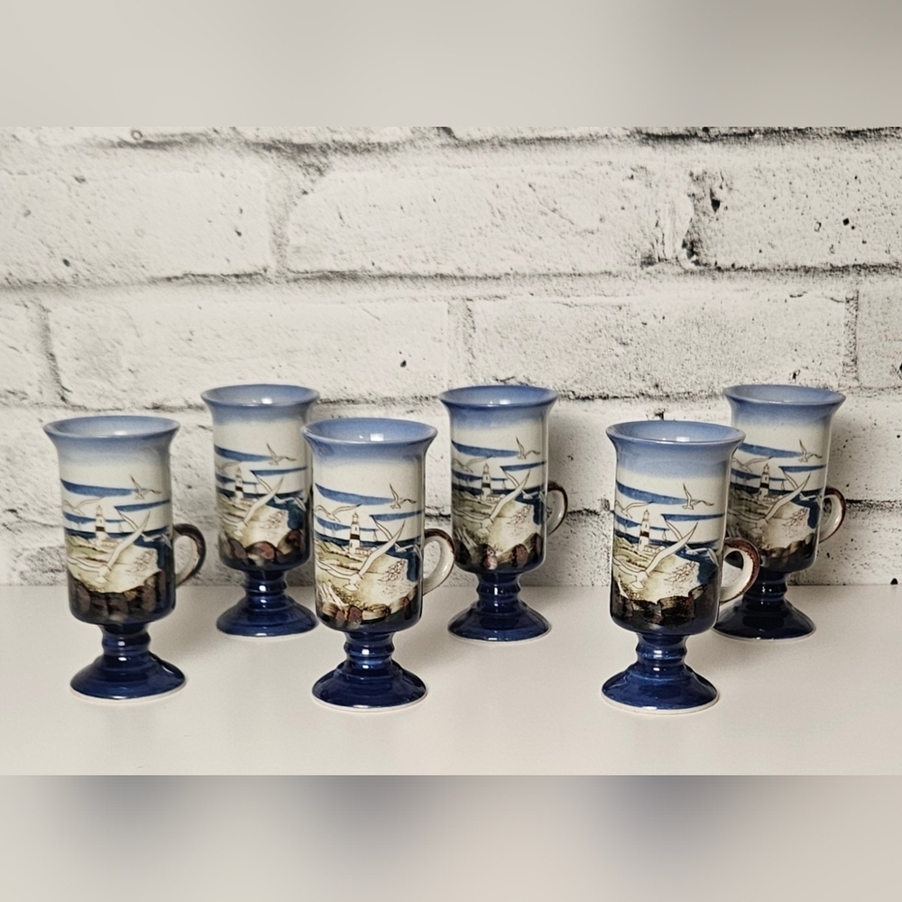 Vintage Stagiri Japan Lighthouse Pedestal Mugs Set of 6 Nautical Coastal